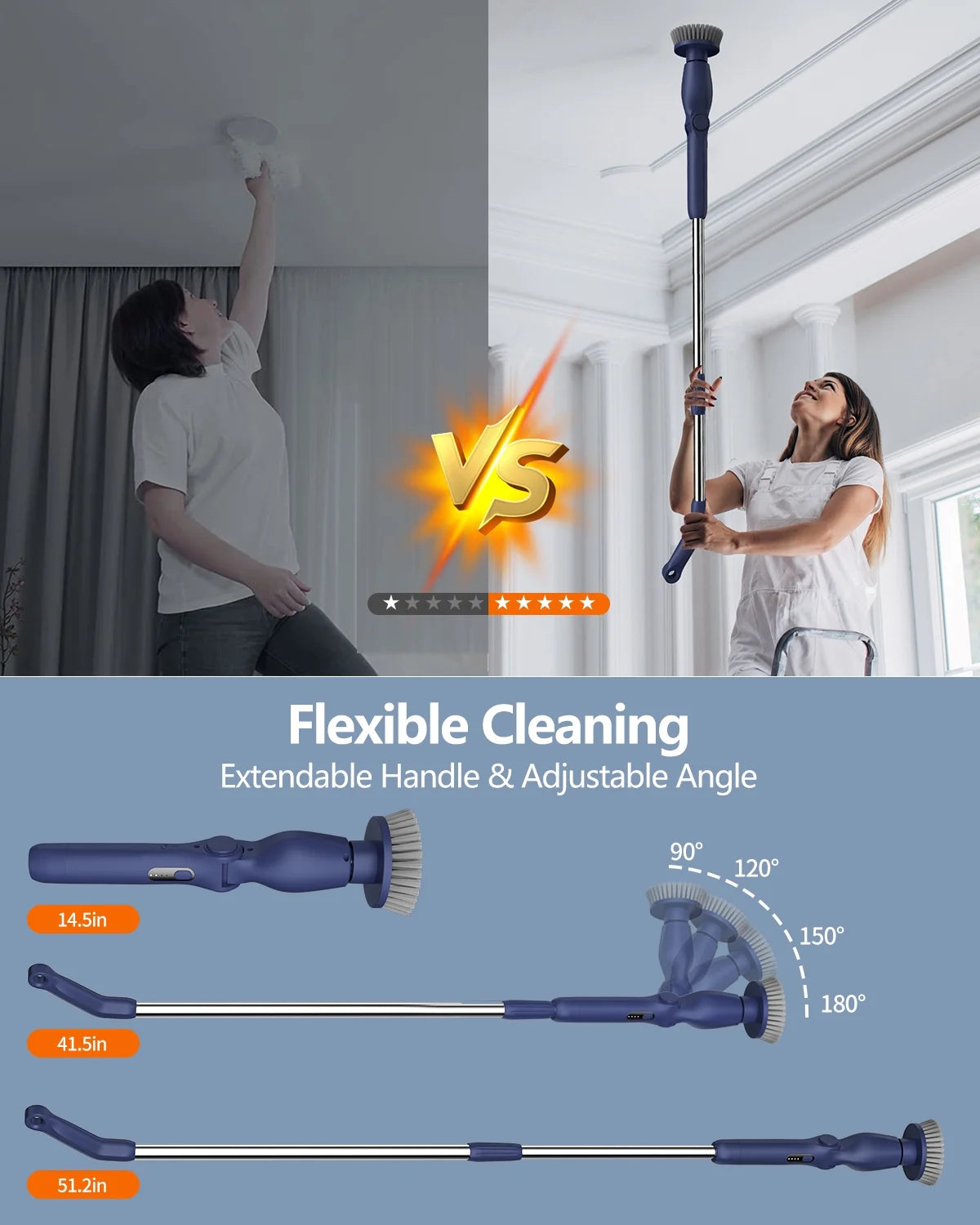 Electric Spin Scrubber, Cordless Bath Tub Power Scrubber with Long Handle and 8 Replaceable Brush Heads, Shower Cleaning Brush Household Tools for Bathroom, Floor Tile ,Car