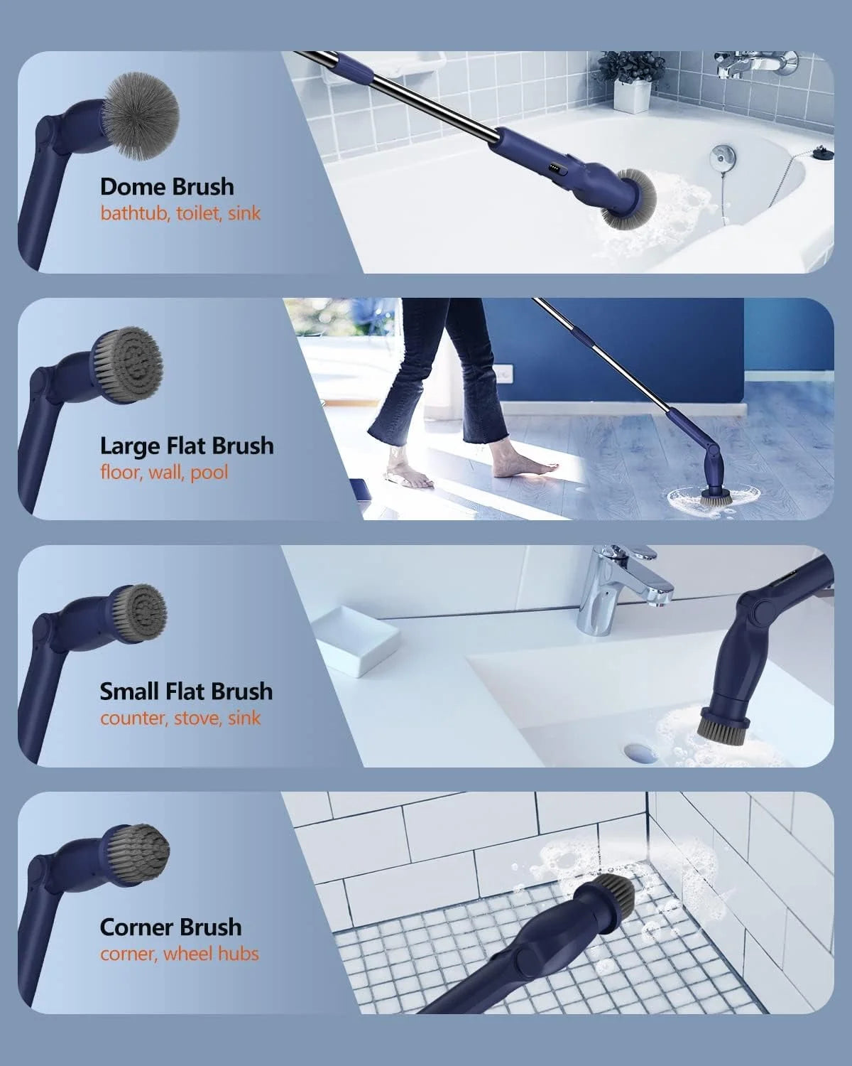 Electric Spin Scrubber, Cordless Bath Tub Power Scrubber with Long Handle and 8 Replaceable Brush Heads, Shower Cleaning Brush Household Tools for Bathroom, Floor Tile ,Car